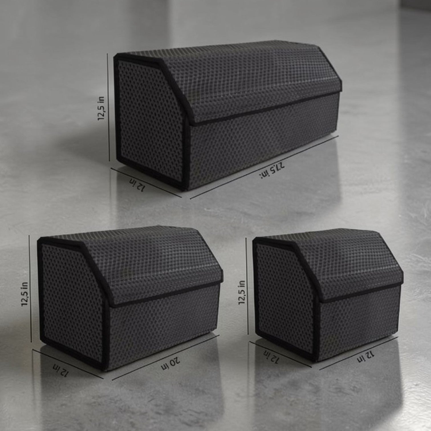 Durable EVA car trunk organizer available in three sizes (S, M, L). Lightweight, waterproof, and foldable storage box designed to keep your trunk clean and organized.