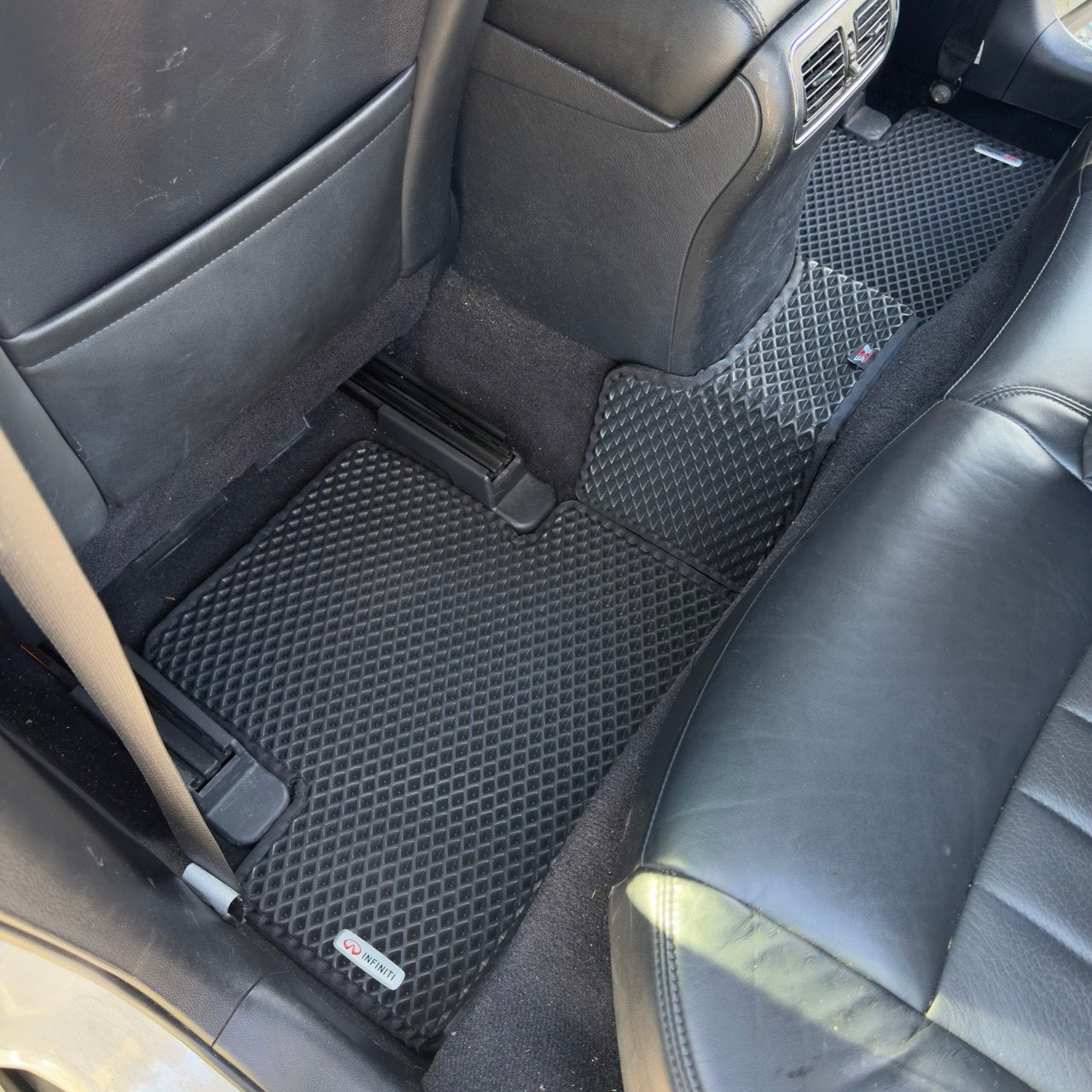 Rear left EVA floor mat in Infiniti EX35 2008‑2012, black, waterproof, non-slip, perfect fit, full interior protection